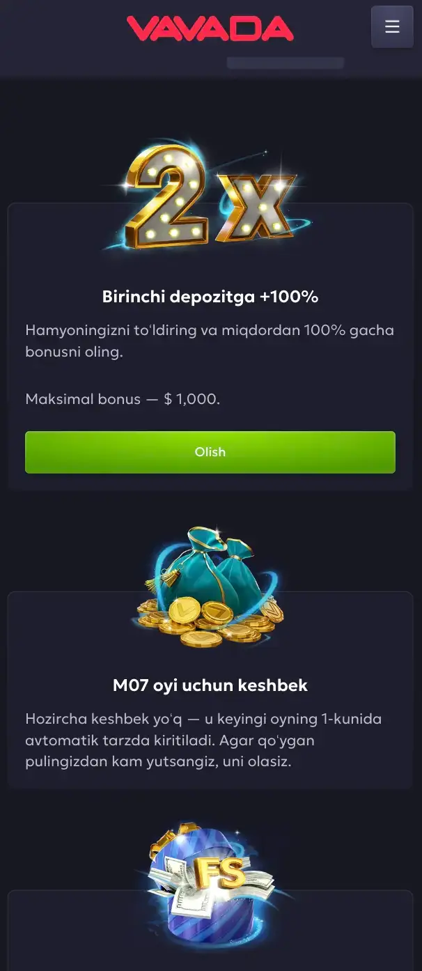 Vavada bonuslar sahifasi birinchi depozitga bonus va keshbek takliflari bilan